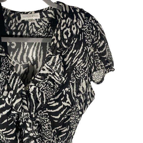 Vintage 90’s Fashion Bug Black & White Animal Print semi sheer ruffle Dress 16 - Picture 3 of 11